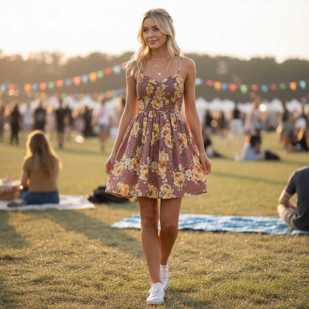 Band of Gypsies Floral Mini Dress Mauve Yellow Rose‎ Smocked Back Boho Medium